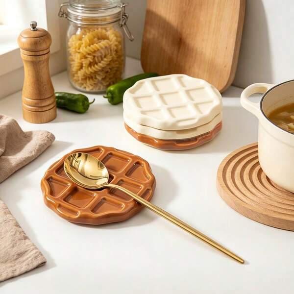 1pc Creative Waffle Shaped Ceramic Spoon Holder, Cute Ceramic Waffle Spoon Rest, Suitable For Stove, Kitchen Countertop Cooking Utensil Rack, Ceramic Coffee Spoon Holder, Home Office Cafe Use, Cute Gift For Mom And Best Friend