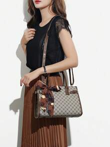 Multi-Color Plaid PU Handbag Crossbody Zipper Bag, Fashionable Versatile Large Capacity Elegant Middle-Aged Women's Bag 3 Pieces Set For Daily Outings - Grey - View 3