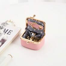 1pc Solid Color Gold Trim Litchi Grain PU Leather Jewelry Coin Earphone Storage Mini Pouch With Gold Ball Snap Button Closure, Sweet Vintage Style, Travel Commute Daily Carry Bag For Girls - Multicolor - View 4