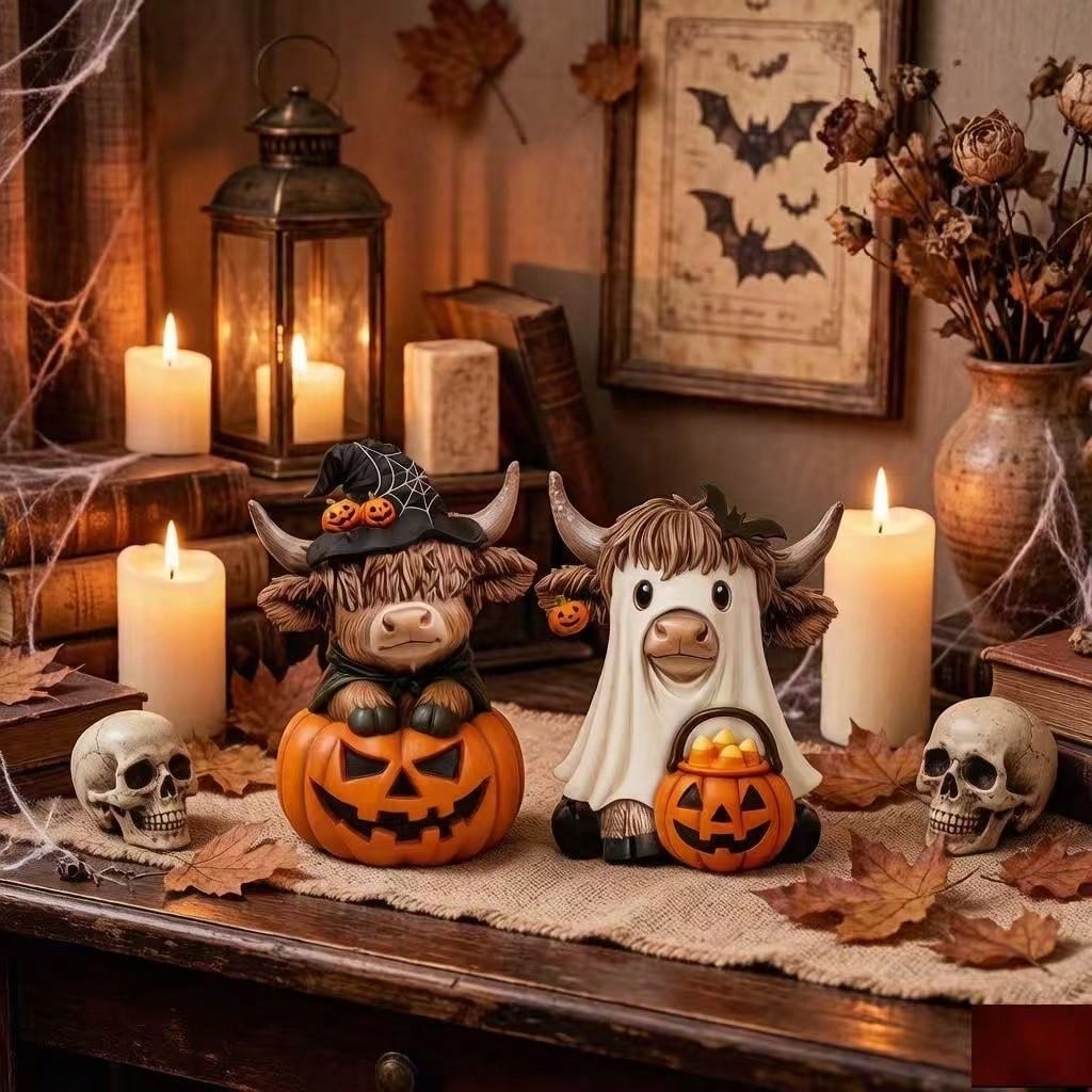 2 Pcs 2D Plane Wood Halloween Decor Highland Cow Figurines, Cute Witch Cow Statues With Pumpkin Bat Ghost Accents,Cute Pink Witch Yak Tabletop Decor,Farmhouse Fall Tabletop Decor For Tiered Tray, Shelf, Mantel, Desk,Kitchen,Home Decor