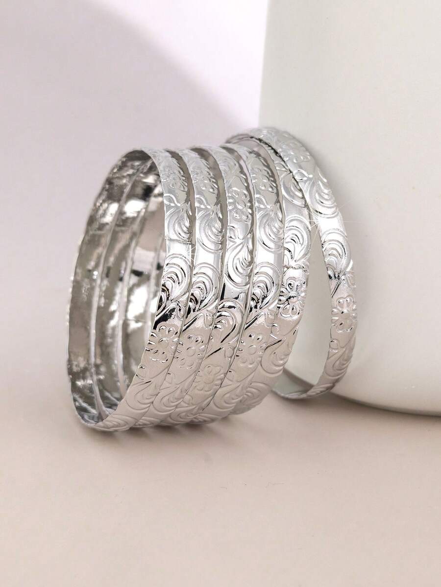 6pcs Cross-Border Fashion Hot-Selling Gold-Plated New Unique Design Engraved Flower Layered Bracelets - Multicolor - View 1