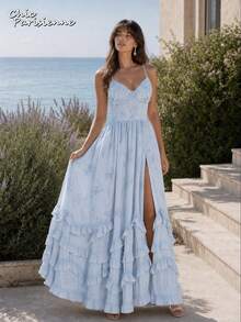 Sky Blue Floral Chiffon V-Neck Backless Tiered A-Line Maxi Dress - 天藍色 - 查看 8