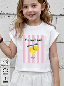 Charming Girls' Lemon Print T-Shirt With Pink Vertical Stripes And 'La Dolce Vita' Amalfi Coast Script - White - View 4