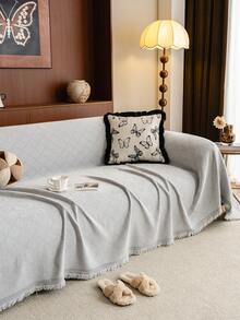 ALPLUME 1pc Ultra Soft Chenille Solid Color Diamond Lattice Sofa Blanket - Suitable For All Seasons, Easy To Clean And Non-Shrink, Perfect Gift For Friends And Family, Full Coverage Sofa Cover With Tassel Detail - Machine Washable, Anti-Scratch, Fits 1-4 Seater Sofas, Sofa Throw - Light Grey - View 2