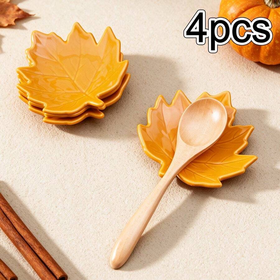 4pcs 4in Cute Maple Leaf Ceramic Spoon Rests, Autumn Fall Harvest Small Spoon Holders, Thanksgiving Halloween Table Decor, Kitchen Utensil Holder Coffee Spoon Tray, Perfect Gift For Thanksgiving And Halloween - View 1