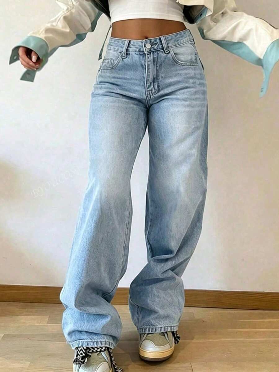 Jeans rectos y holgados de estilo vintage para adolescentes - Lavado ligero - Ver 1