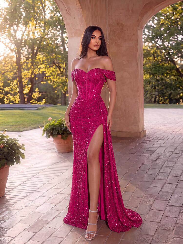 ADYCE Elegant Sequin Open Shoulder Pleated Waist Long Sash Tie Front Slit Open Back Christmas Party Dress Formal Evening Prom Gown Wedding Guest Fall
