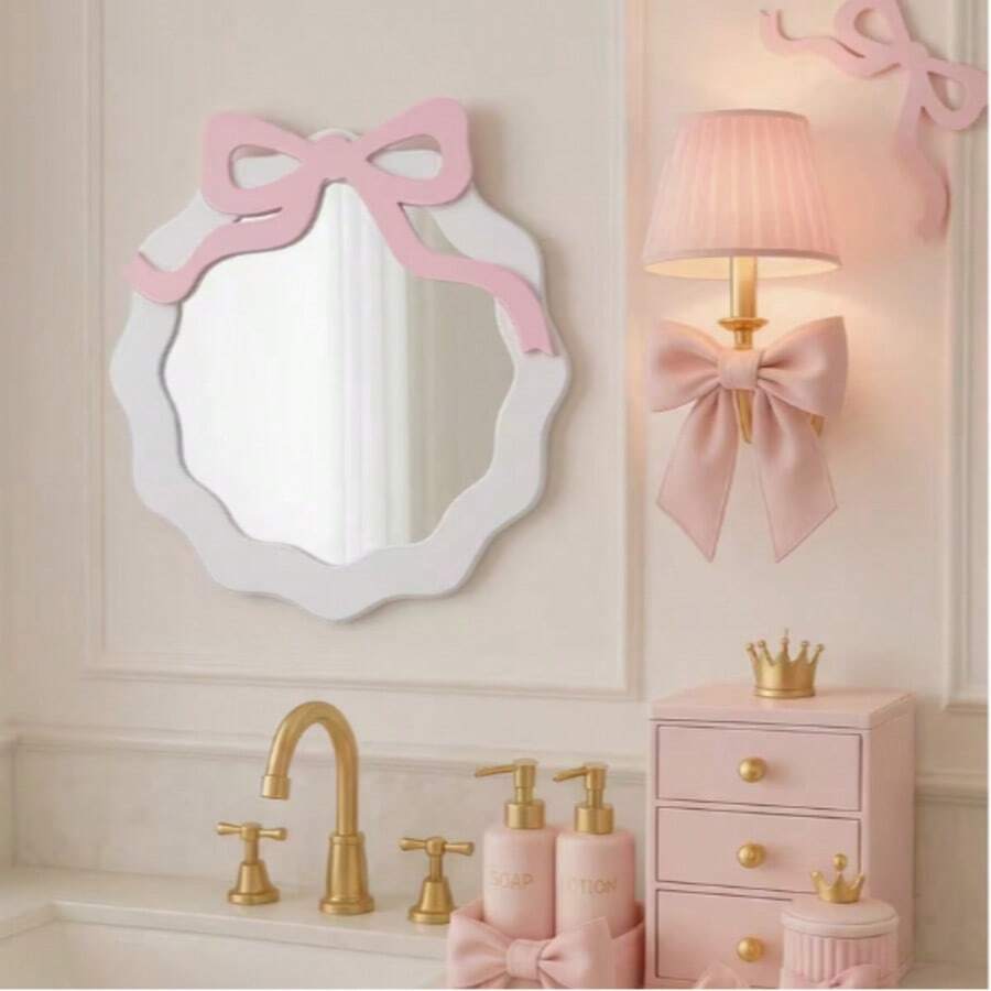 BrightRow Bohemian Style Pink Frame Bow Wall Mirror - U-Shaped Horizontal Decorative Mirror, Suitable For Bedroom, Living Room, Vanity, Dorm, Office, Asymmetrical Shape Fits Narrow Spaces - 1PC - View 1