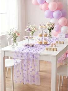 1pc Purple Butterfly Print Semi-Sheer Chiffon Table Runner, Elegant Dreamy Tabletop Decor, Suitable For Wedding Reception, Bridal Shower, Baby Shower, Birthday Party, Garden Tea Party, Holiday Celebration, Restaurant Home Decor, Photo Backdrop - Multicolor - View 5