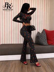 BADDIE REALM Women's 2pcs Slim Fit Cherry Print Stretch Vaction Athleisure - Multicolor - View 3