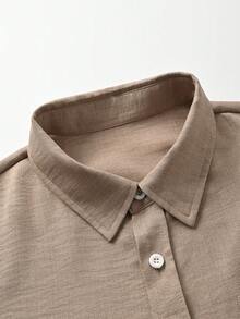[Minimalist Premium Style]Spring/Autumn Khaki Textured Long Sleeve Drawstring Pants Set, Lapel Collar Chest Pocket + Cuff Buttons, Draping Skin-Friendly Urban Casual Slouchy 2 Pieces Set - Coffee Brown - View 4