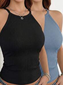 2pcs Women's Solid Color Spaghetti Strap Sleeveless Basic Tank Tops, Regular Fit - Multicolor - View 1