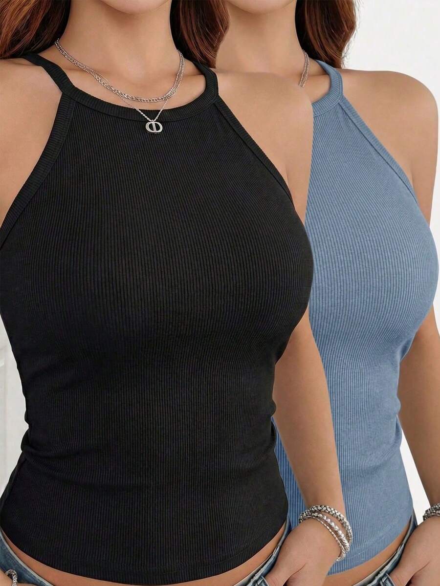 2pcs Women's Solid Color Spaghetti Strap Sleeveless Basic Tank Tops, Regular Fit - Multicolor - View 1