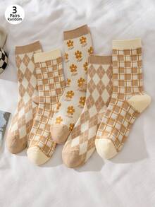 3 Pairs Women's Mid-Calf Socks, Diamond Floral Pattern Autumn Back To School Ankle Socks, Comfortable And Versatile - Multicolor - View 3