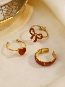 Set 3 buah cincin minimalis motif pita dan hati dari baja tahan karat, cocok untuk pemakaian sehari-hari wanita. - Burgundy - View 5