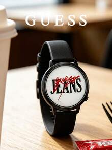 GUESS Minimalist Large Letter Print Dial Contrast Red Hands 5ATM Waterproof Casual Couple Watch V1022M2 - Black - View 1