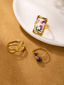 3pcs French Fashion Elegant Stainless Steel Gold Ring Set, Dried Flower Resin Twisted Heart Purple Zirconia Design, Suitable For Date, Engagement, Wedding, Teacher's Day, Back To School Gift, Versatile - Gold - View 2
