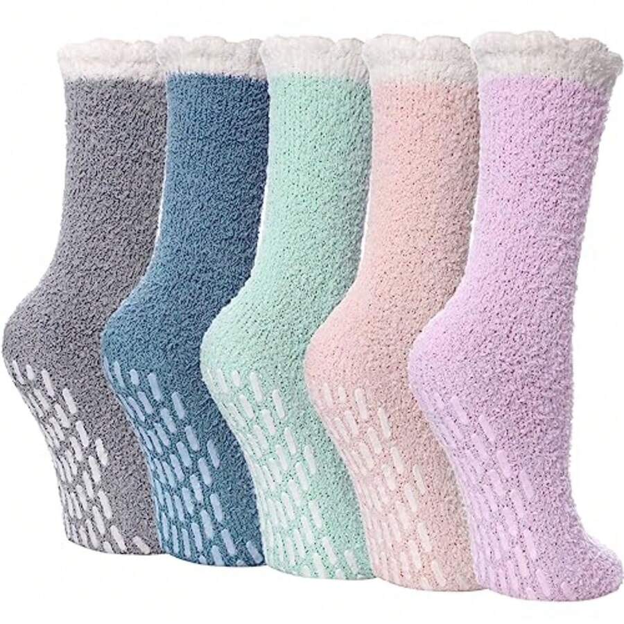 LINEMIN Non-Slip Fuzzy Socks For Women - Cozy Hospital Soft Fluffy Socks With Grips - Winter Warm Slipper - 5 Pairs Mix Patchwork Fuzzy Socks - View 1