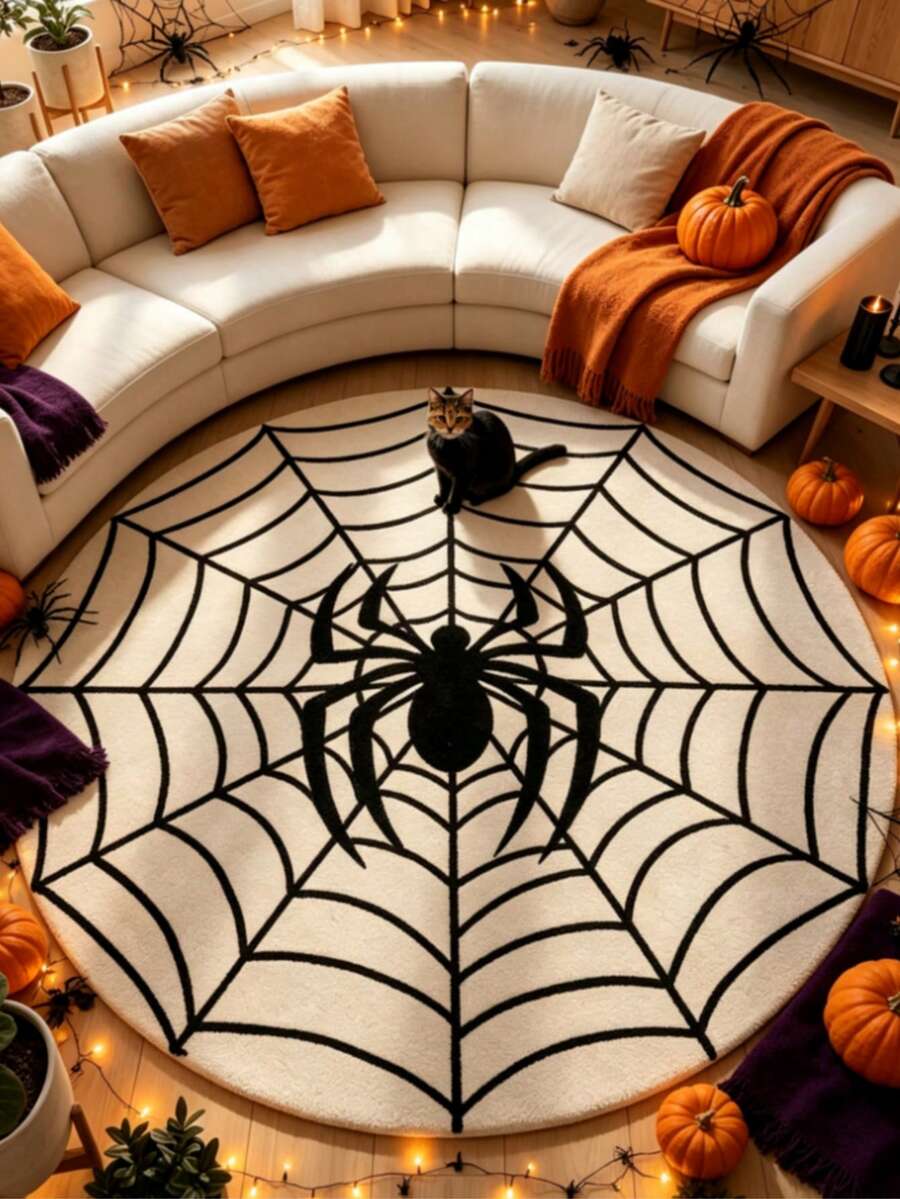 1pc Black & White Halloween Spider Web Art Rug, Decorative Carpet, Living Room Rug, Bedside Plush Rug, Autumn/Winter Rug, Thick Rug, Large Living Room Rug, Bedroom Rug, Home Decor Rug, Outdoor Rug, Washable Rug - Multicolor 4 - View 1