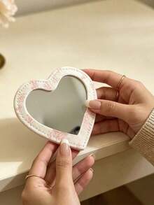 L'Occitane Heart-Shaped Floral Pattern Single-Sided Handheld Mirror, Portable Pocket Makeup Mirror, Suitable For Daily Touch-Ups, Travel, Birthday And Holiday Gifts LOCCITANE-GIFT-31 - Light Pink + White - View 6
