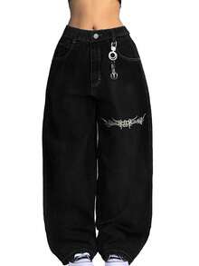 Women's Hip Hop Baggy Jeans Wide Leg Mid-Low Waist Jeans Loose Boyfriends Jeans 90s Vintage Denim Pants For Back To School - 黑色-2 - 查看 2