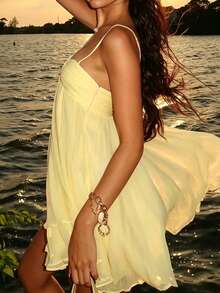Women's Summer Vacation Style Ruffle Hem Short Camisole Dress - Light Yellow - View 6