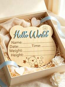 木製 Hello World 新生兒出生資訊牌，熊剪影寶寶公告牌，附 3D 凸起字母，可刻字可書寫嬰兒里程碑拍照道具 - 藍色 - 查看 5