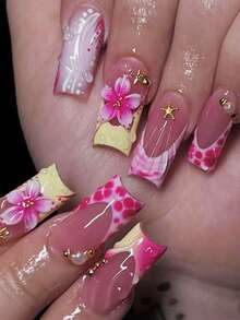 24pcs Medium Rectangular Y2K Hot Girl Style French Manicure Stickers, Icy Transparent Nude Base With White French Tips, Decorated With Stars, Crosses And Rhinestones, Suitable For Party And Disco, Create Exclusive Hot Girl Nail Art Look - Hot Pink - View 2