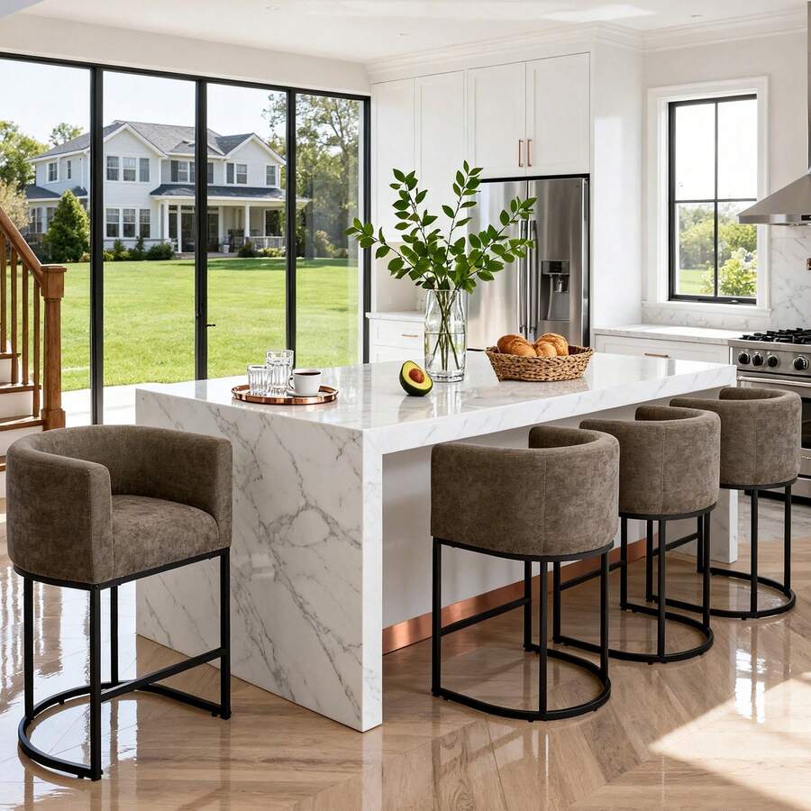 26" H Counter Height Bar Stools Set Of 1-4, Modern Counter Stools With Curved Backrest And Arms, Linen Fabric Upholstered Barstools, Home Bar - 棕色 - 查看 1