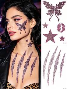 Temporary Tattoo Stickers, 2 Sheets Pink Glitter Leopard Print Butterfly Star Claw Mark Tattoos, Y2K Sparkly Cheek Neck Chest Tattoo, Sweatproof, Wild Coquette Aesthetic For Club Night, EDM Rave & Festival Party Makeup, Rave Accessories - Pink - View 3