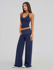 MASKERT Ladies' contrasting color back vest sports pants set yoga training running set tennis golf Pilates - 藍白色 - 查看 6
