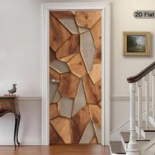 Self-Adhesive Removable Wall Mural, 2D Flat Wood Grain Texture Door Design With Gold Trim - Geometric Pattern Sticker - Modern Door Wall Mural, Vintage Door Decor - Fashionable Door Mural - A - View 1