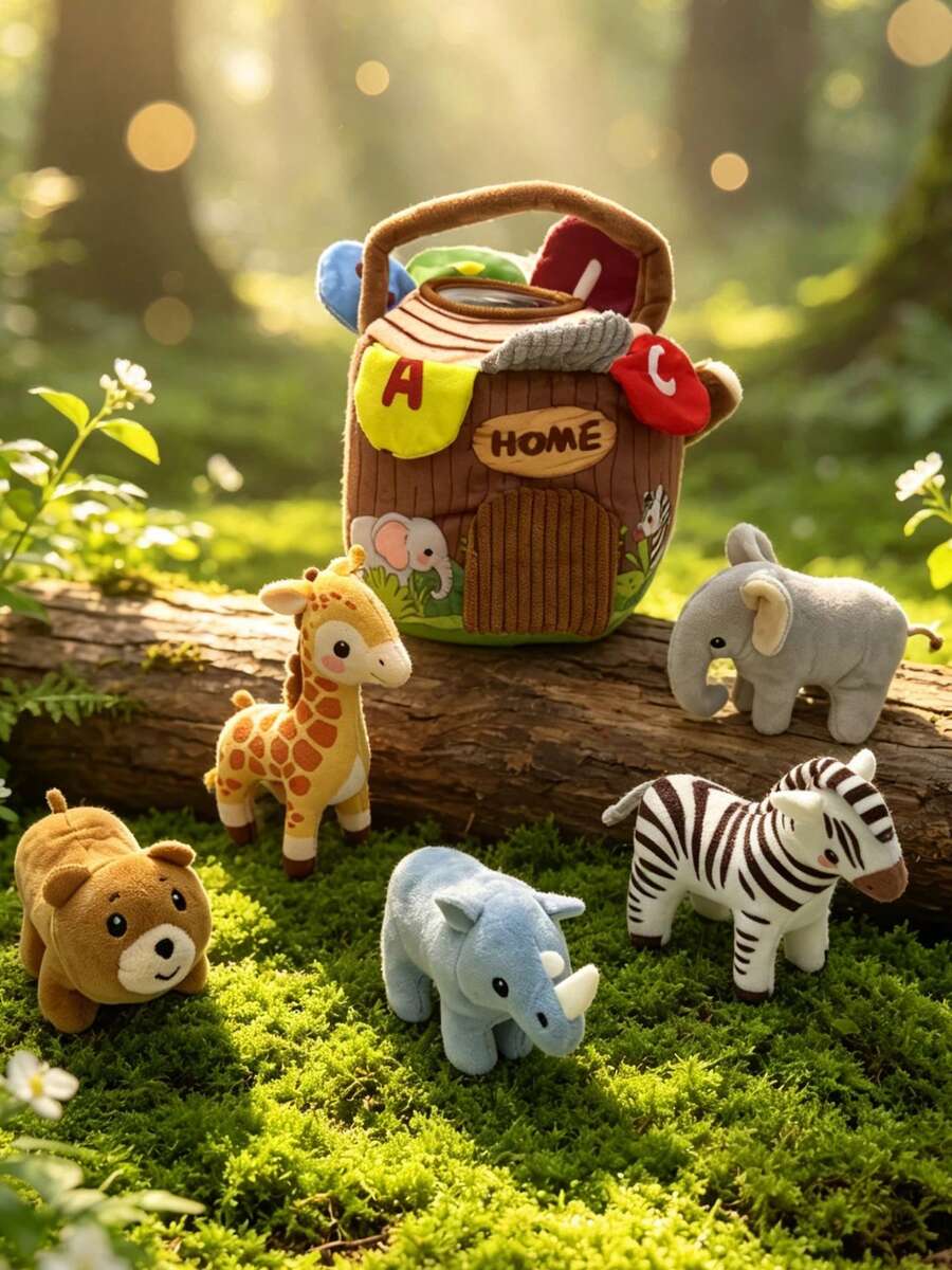 1pc Forest Treehouse Animal Plush Storage Tote Bag Doll Set For Baby Boys And Girls, Early Education Cognitive Doll With Built-In Squeaker, Rattle And Crinkle Paper, Sensory Doll For Infants, Gift Box Packaging Suitable As Newborn Baby Gift