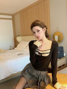 Patchwork Striped 2-In-1 Crew Neck Long Sleeve T-Shirt, Fitted Design Contrast Color Waist Women's Top, Spring/Summer Black - Black - View 8