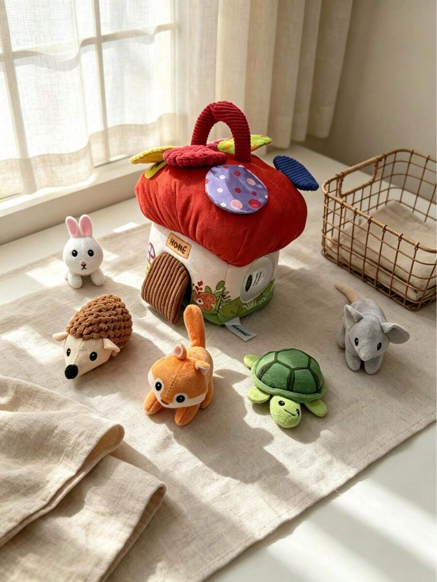 1pc Unisex Animal Plush Doll With Built-In Paper Ring, Squeaker, Bell And Mirror, Multi-Functional Early Education Doll, Suitable As Newborn Gift