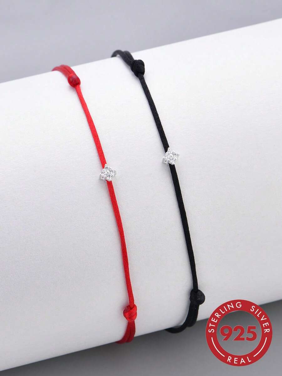 1pc 925 Sterling Silver Inlaid CZ Star Red Cord Adjustable Bracelet, Minimalist Style, Brings Good Luck And Friendship, Hypoallergenic Jewelry Gift - Silver - View 1