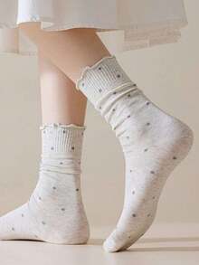 1/6 Paar minimalistische einfarbige Socken mit kleinen Polka Dots, süßem Rüschenrand, vielseitig und bequem, mittelhoch - Verschiedenfarbig - Übersicht 3
