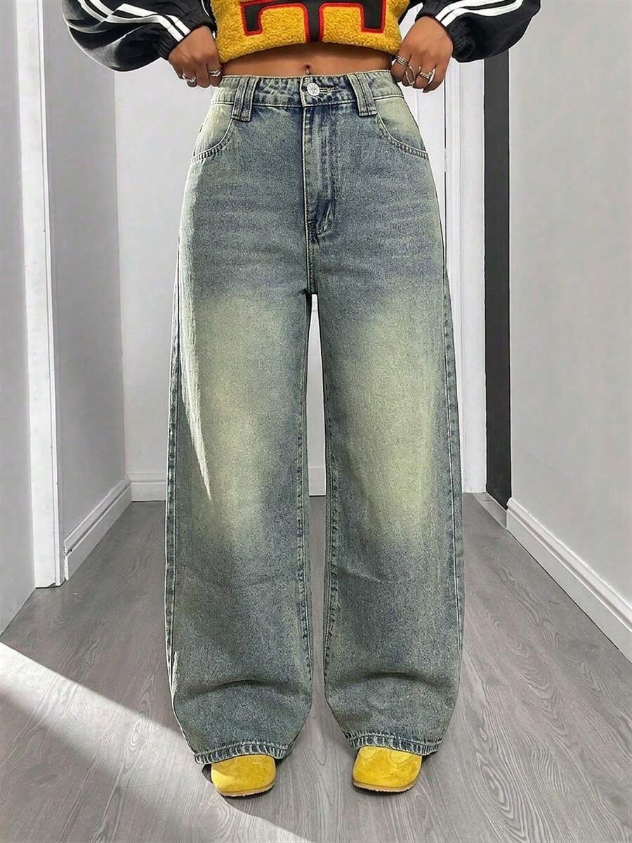 Quần jean ống rộng phong cách vintage casual nữ, có túi và khóa kéo, quần ống suông rộng, phù hợp đi tiệc và mặc hằng ngày mùa thu