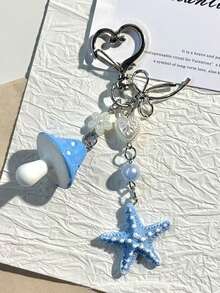 1pc Cute Summer Ocean Style Mushroom Starfish Keychain With Silver Bow Heart Charms, Heart Spring Clasp Anti-Lost Design For Airpods & Car Key, Premium Holiday Birthday Gift For Ladies - Multicolor - View 4
