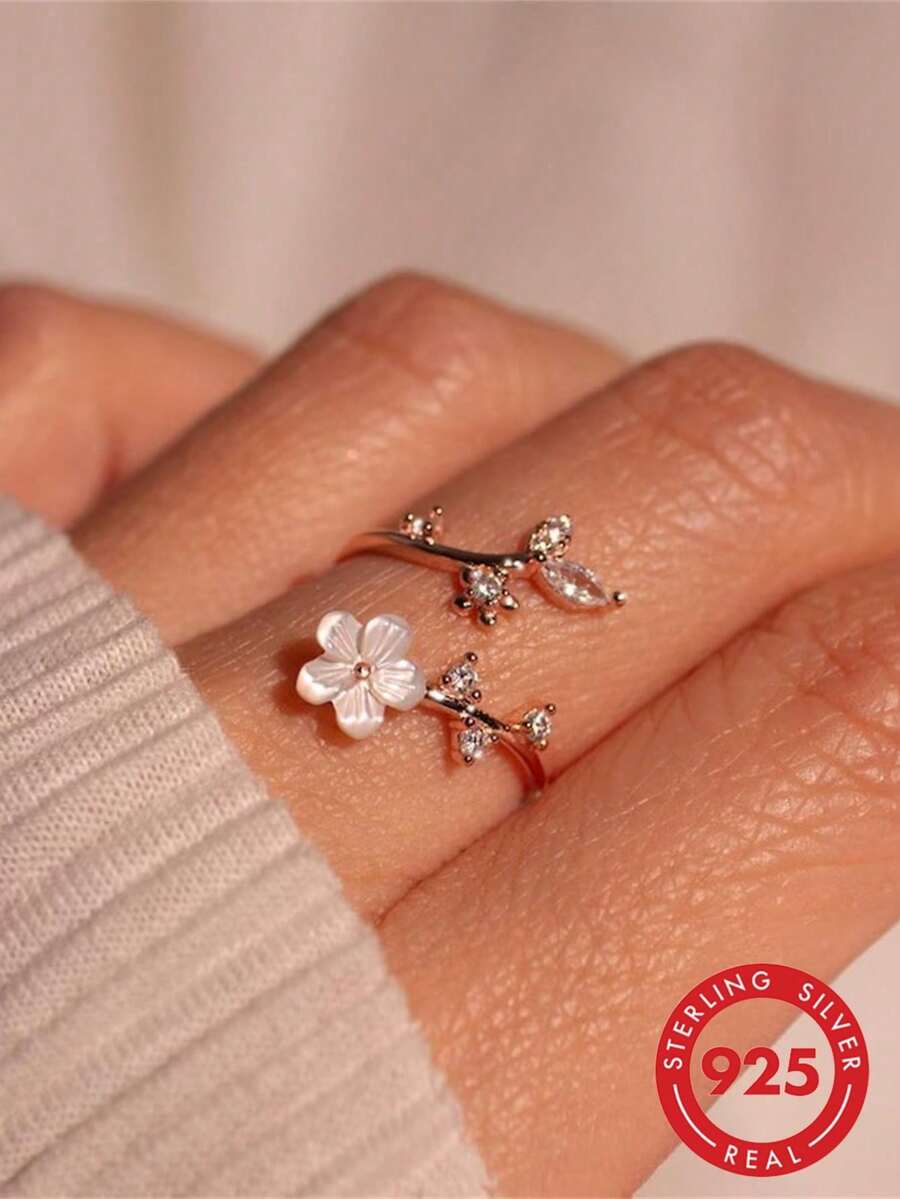 Adjustable S925 Sterling Silver Open Ring, Branch & Leaf Design, Stackable, Inlaid With Cut Gemstone/Cubic Zirconia, Suitable For Stacking Promise Rings - Gold - View 1