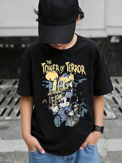 Disney Mickey The Tower Of Terror Print Summer Tops,Boy Clothes For Kids,Boys Summer Outfits,Ropa Para Niños,Graphic Tees Teen Boys,Summer Clothes