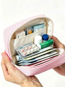 New 2D Flat "Medical" Pattern Printed Portable Medical Storage Bag/Pill Box/First Aid Kit/Cosmetic Bag, Pink And White Striped Design, Suitable For Daily Use, Outdoor Activities And Travel; Convenient Medical Storage Solution, Can Organize Medicines, Cosmetics, Phones And Other Small Items; Travel Essential, Suitable As Christmas Gift, Personalized Gift Bag, Small Exchange Gift Or Home Decor, Striped Density And Direction Random - Multicolor - View 6