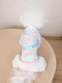 Camiseta para perro con estampado de pata y hueso, ribete de color contrastante, manga corta, ajustada y que cubre el vientre, ropa diaria para cachorro - Celeste - Ver 11