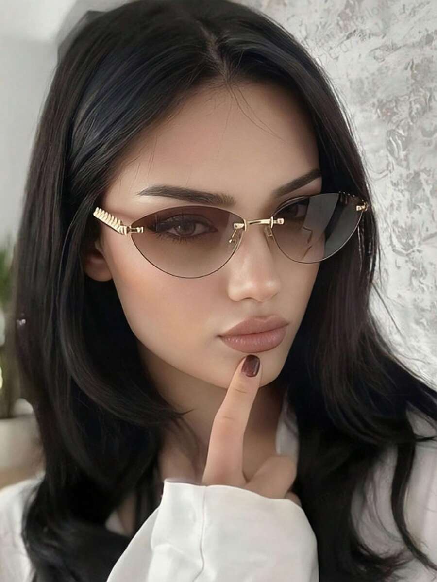 1 Pair Women's Cat Eye Rimless Premium Metal Thin Frame Street Style Fashion Glasses - Double Tea - View 1