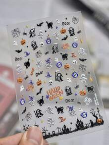 1pc 5D Embossed Nail Art Sticker, Cute Halloween Cartoon Nail Decal, Self-Adhesive Nail Sticker, Includes Pumpkin, Ghost, Mummy And Witch Hat Spooky Party Theme - Multicolor - View 8