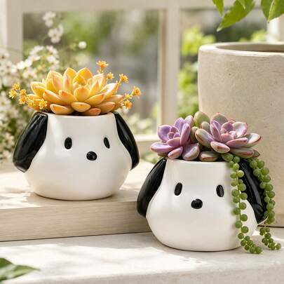 1/2pcs Cream Style Cute Black & White Puppy Desktop Succulent Decor Ceramic Planter Pot, Healing Cartoon Puppy Desktop Succulent Planting Pot, Creative Cute Desktop Greenery Gift For Best Friend And Girls