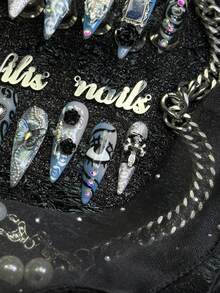 10pcs Handmade Fully Covered Stiletto Nails Press On Nails, Light Blue Fake Nails, Silver Cat Eyes, Glossy Cool Gothic Dark Grunge Y2K Reusable,With Jelly Glue&Nail File,Suitable For Daily Rock Club Party Cosplay,Four Sizes To Choose From - Baby Blue - View 6