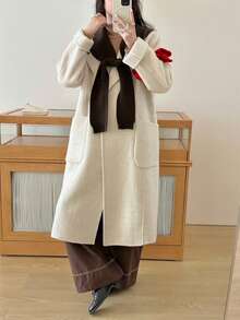 Casual Chic Women's White Wool Overcoat, Full Length Regular Fit With Hood And Buttons, Ideal For Winter. - Beige-brown - View 4