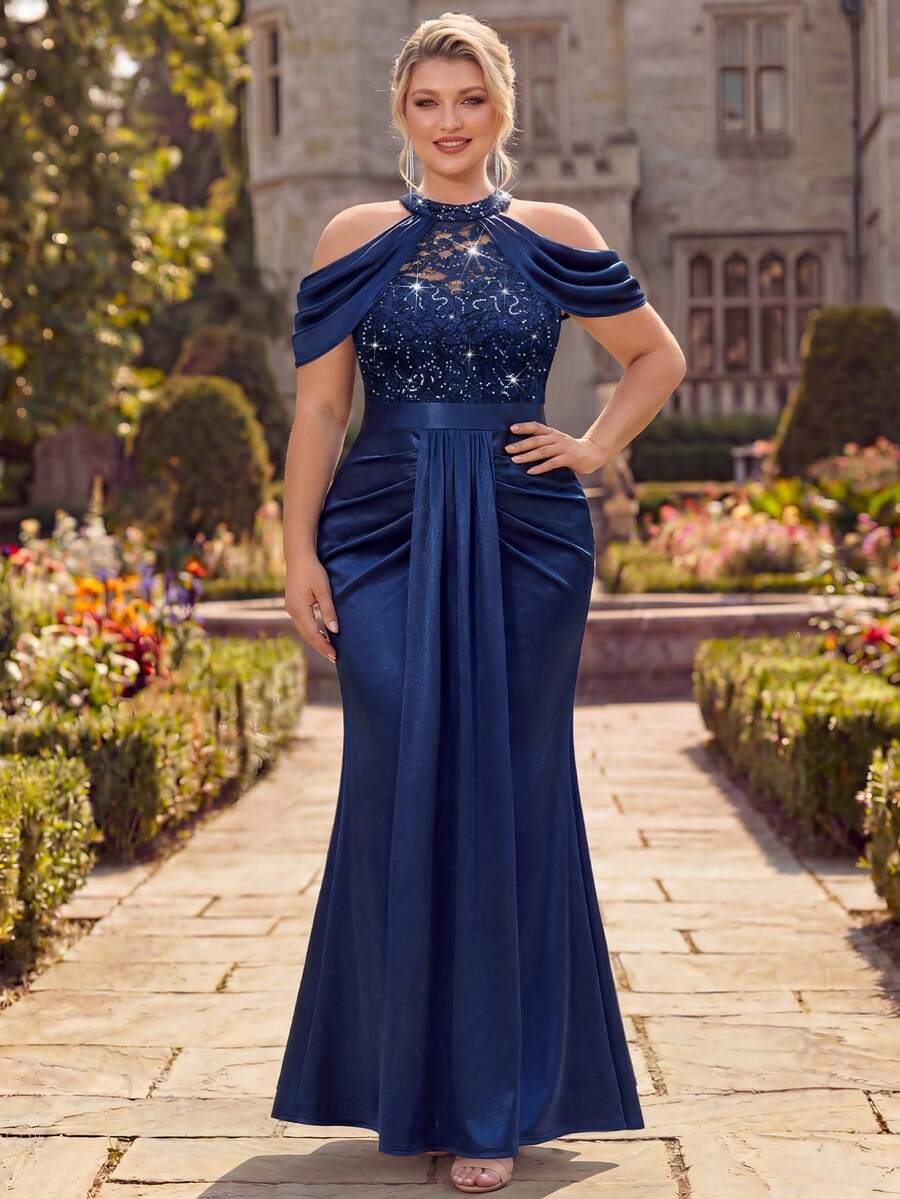 Große Größen Neckholder-Kleid mit Pailletten, Blumen-Spitze, Cut-out-Schulter, Cape-Ärmeln, Kontrastfarbe, plissiertem drapiertem Vorderteil, Satin, formelles Partykleid, elegant, Sommer - marineblau - Übersicht 1