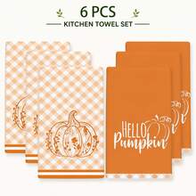 2/4/6/8pcs Yellow Plaid Pumpkin Pattern Kitchen Towel Set, Machine Washable Absorbent Dish Cloths And Decorative Hand Towels, Suitable For Autumn, Thanksgiving, Halloween Kitchen And Home Decor - Multicolor - View 10